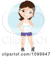 Poster, Art Print Of Happy Brunette Girl Wagging Her Finger Over A Blue Circle