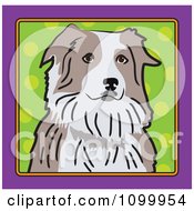 Folk Art Styled Australian Shepherd Dog Looking Out Through A Purple Frame With A Green Dot Background