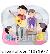 Poster, Art Print Of Happy Father Playing Guitar While His Kids Sing