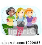 Poster, Art Print Of Three Young Ladies Using A Cell Phone Laptop And Tablet