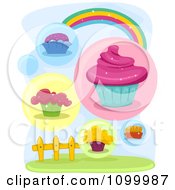 Clipart Rainbow With Cupcakes Over A Fence Royalty Free Vector Illustration