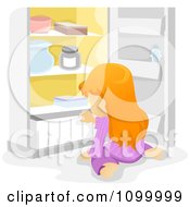 Hungry Girl Sitting In Front Of An Open Refrigerator
