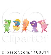 Poster, Art Print Of Line Of Diverse Children In Dinosaur Costumes