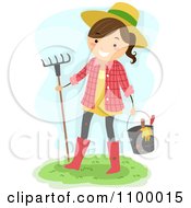 Poster, Art Print Of Happy Farmer Girl Carrying Garden Tools And A Rake