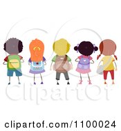 Poster, Art Print Of Rear View Of A Row Of Diverse School Children With Backpacks
