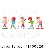 Poster, Art Print Of Line Of Diverse Roller Blading Scooter And Skateboarding Children