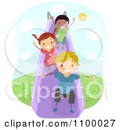 Poster, Art Print Of Happy Diverse Children Going Down A Slide