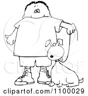 Poster, Art Print Of Outlined Boy Walking His Dog On A Leash