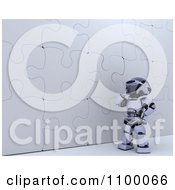 Poster, Art Print Of 3d Robot Pondering At A Puzzle Wall