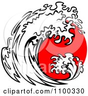 Poster, Art Print Of Black And White Splashing Wave And Red Sun