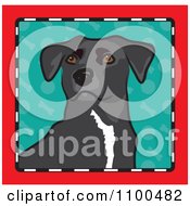 Folk Art Styled Mixed Breed Dog Looking Out Through A Red Black And White Frame With A Turquoise Background