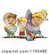 Poster, Art Print Of Surfer Girl And Boys With A Board And Beach Balls