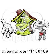 Poster, Art Print Of Happy Green House Mascot Holding Out Keys