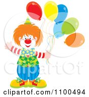 Poster, Art Print Of Happy Clown Waving And Holding Party Balloons