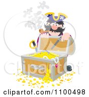 Poster, Art Print Of Pirate Kneeling Behind And Opening A Treasure Chest Full Of Booty And Gold