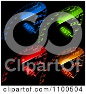 Poster, Art Print Of Blue Green Red And Orange Fast Car Speedometers Illuminated On A Dash Board