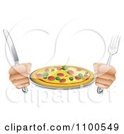 Hands Holding A Knife And Fork With A Supreme Pizza Pie