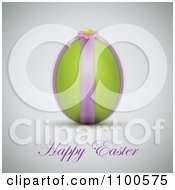Poster, Art Print Of 3d Green Egg With A Flower Purple Ribbon And Happy Easter Text On Gray