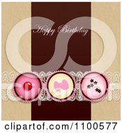 Poster, Art Print Of Happy Birthday Greeting Over Cupcakes With Lace On Brown And Beige