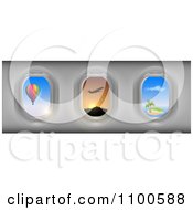 Poster, Art Print Of Airplane Windows With A View Of Take Off A Tropical Island And Hot Air Balloon