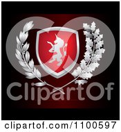 Poster, Art Print Of Unicorn Lion Crest Shield With Leaves On Dark Red