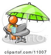Poster, Art Print Of Traveling Orange Business Man Sitting Under An Umbrella At A Table Using A Laptop Computer