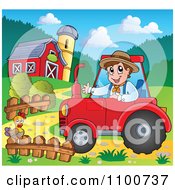 Poster, Art Print Of Happy Farmer Driving A Red Tractor By A Barn