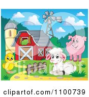 Poster, Art Print Of Sheep Chicken Pig By A Red Barn Silo And Windmill