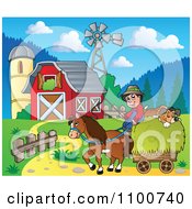 Poster, Art Print Of Happy Farmer And Resting Dog With A Horse Pulling A Hay Cart By A Barn With A Silo And Windmill