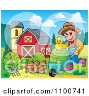Poster, Art Print Of Happy Farmer Pushing A Chick On Fresh Hay In A Wheel Barrow