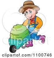 Happy Farmer Pushing Fresh Hay In A Wheel Barrow