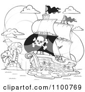 Poster, Art Print Of Outlined Pirate Ship Nearing A Tropical Island