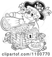 Poster, Art Print Of Outlined Pirate Inspecting A Treasure Chest Full Of Booty