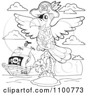 Poster, Art Print Of Outlined Parrot Pirate And Ship By An Island