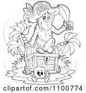 Poster, Art Print Of Outlined Monkey Pirate Sitting On A Treasure Chest