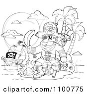 Poster, Art Print Of Outlined Pirate Sitting On A Treasure Chest On An Island With His Ship In The Distance