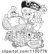 Poster, Art Print Of Outlined Female Pirate And Bird Admiring A Full Treasure Chest