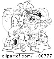 Outlined Pirate On An Island With A Cannon