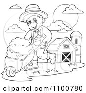 Clipart Outlined Happy Farmer Pushing Fresh Hay In A Wheel Barrow Royalty Free Vector Illustration