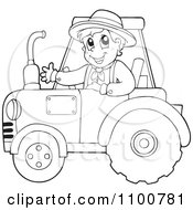 Poster, Art Print Of Outlined Happy Farmer Driving A Red Tractor