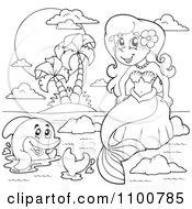 Poster, Art Print Of Outlined Mermaid Sitting On A Rock By An Island And Dolphin