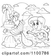 Clipart Outlined Mermaid Swimming By A Tropical Island Royalty Free Vector Illustration by visekart