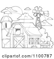Poster, Art Print Of Outlined Barn With Hay In The Loft A Silo And Windmill