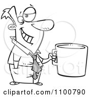 Outlined Cartoon Businessman Grinning And Holding A Giant Coffee Mug