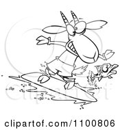 Clipart Outlined Fish Leaping Away From A Surfing Goat Royalty Free Vector Illustration by toonaday