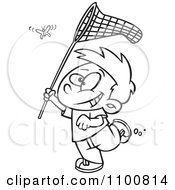 Outlined Cartoon Boy Chasing A Butterlfy With A Net