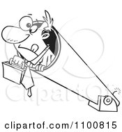 Clipart Outlined Businessman Holding His Briefcase And Prepared For Take Off In A Cannon Royalty Free Vector Illustration