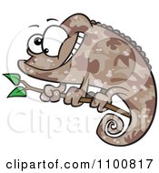 Happy Cartoon Brown Chameleon Lizard With Camouflage Patterns