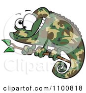 Happy Cartoon Green Chameleon Lizard With Camouflage Patterns