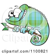 Poster, Art Print Of Happy Cartoon Green And Blue Plaid Chameleon Lizard